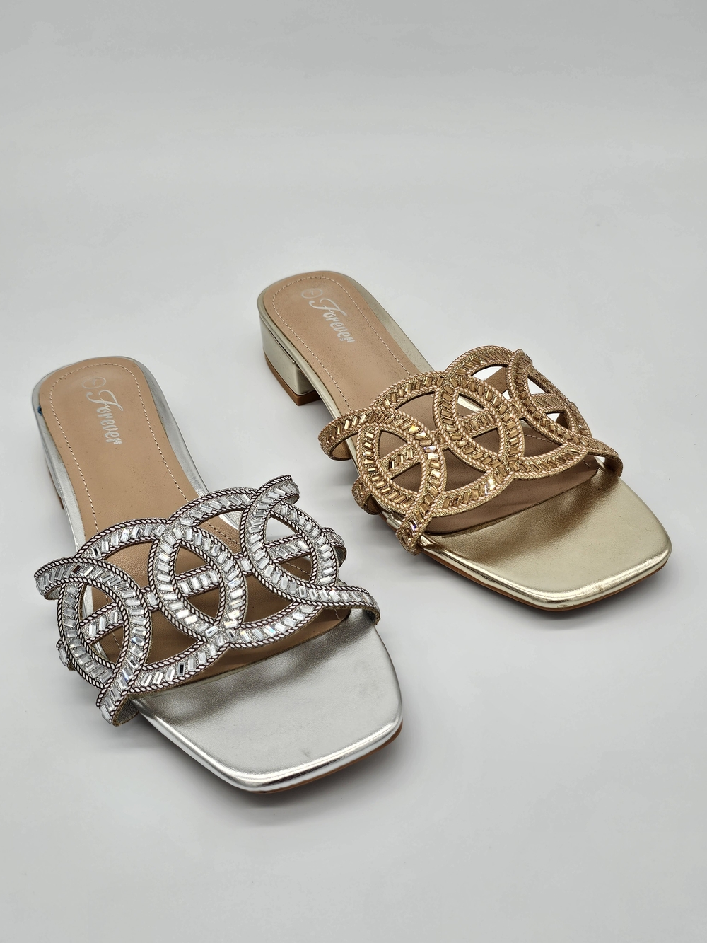Forever Metallic Interlinked Circle Slide Mules - Silver & Gold
